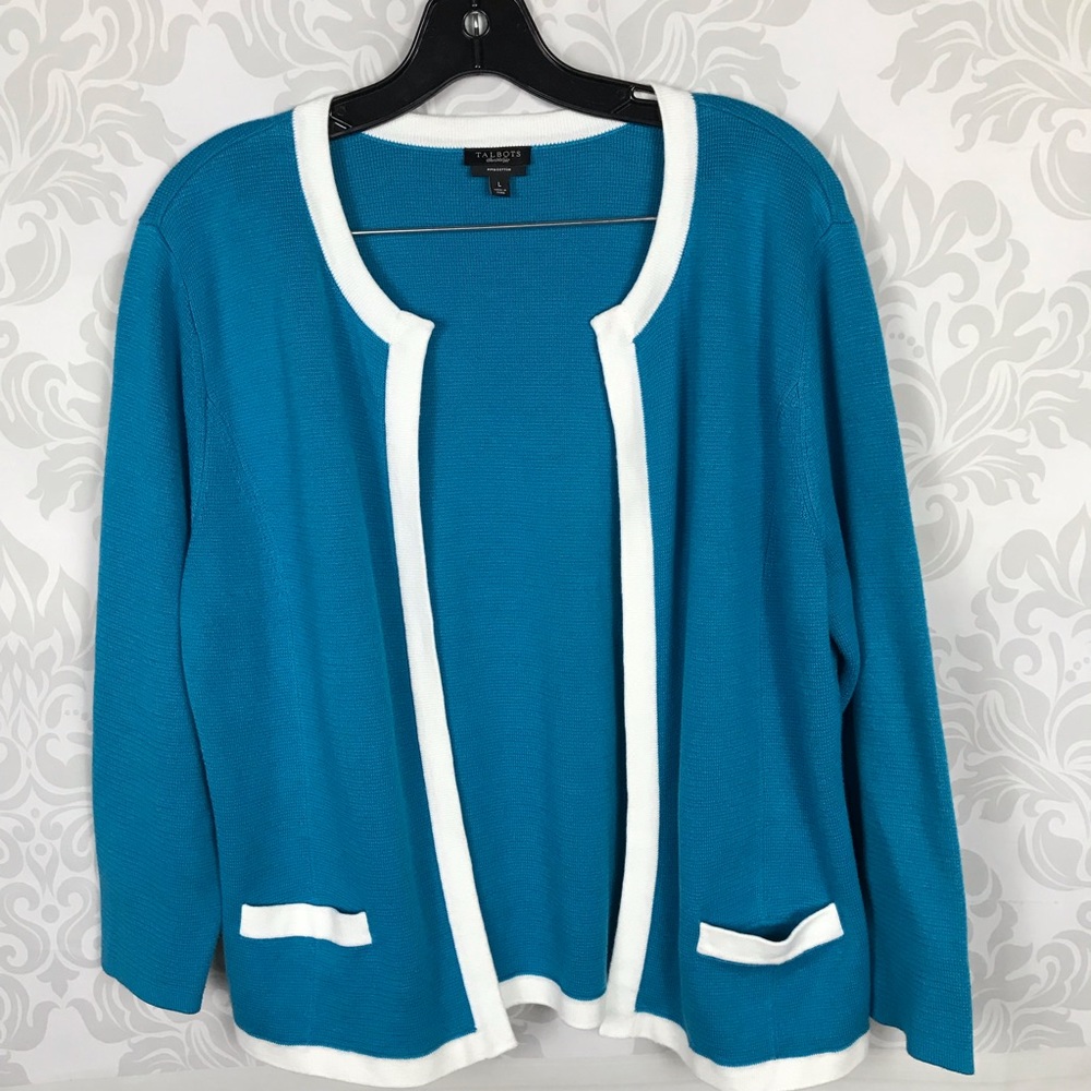 Talbots Blue White Trim Knit Pima Cotton Cardigan